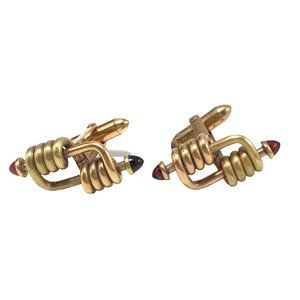 Vintage Gold Tone Knot Cufflinks Small Red Bullet Cabochons on Ends